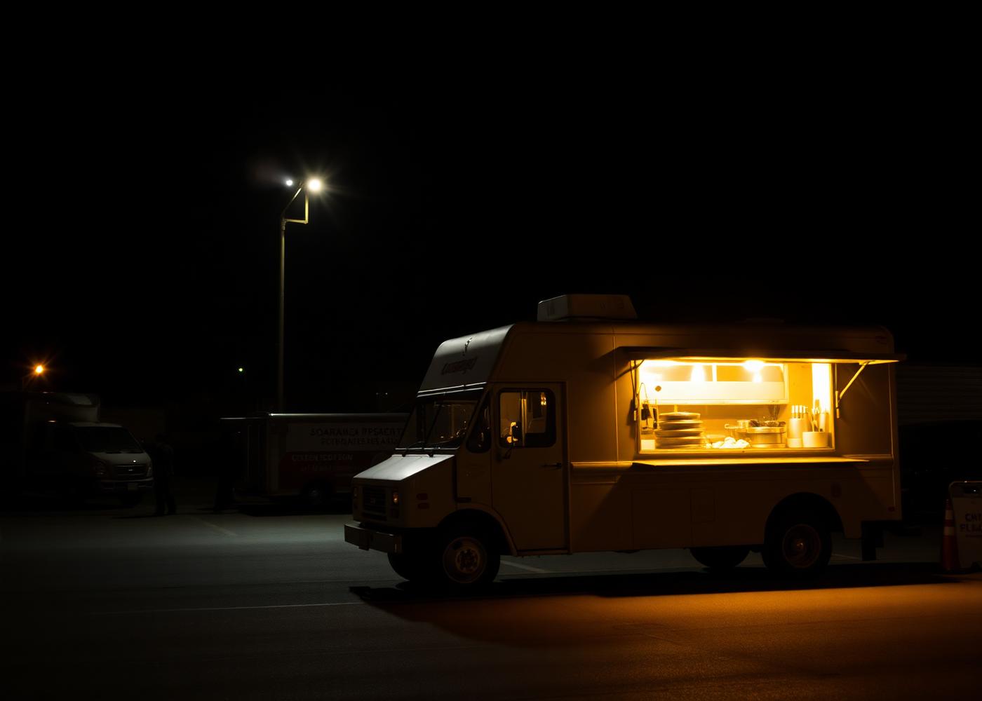 Catering food truck lit up on a Los Angeles film set at night